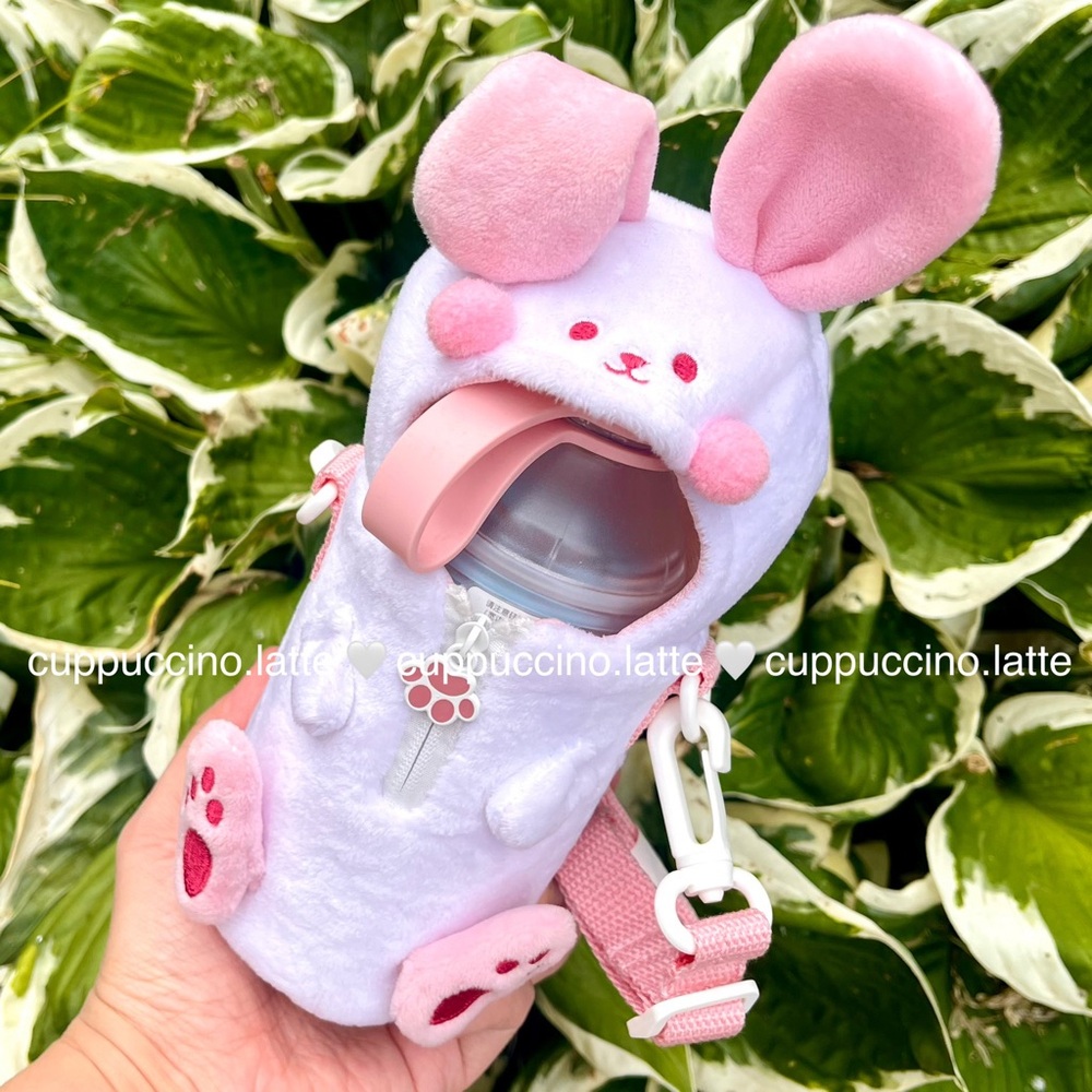 🎀NWT🐰Starbucks Asia White Pink Bunny Plushie Crossbody Carrier & Mini Bottle - Picture 2 of 8